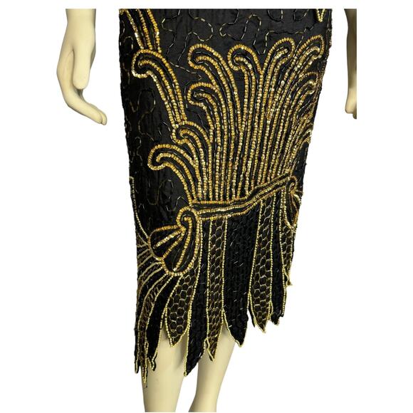 NWT Stunning Vintage silk sequenced beaded black, gold top, skirt set size large - Picture 8 of 17
